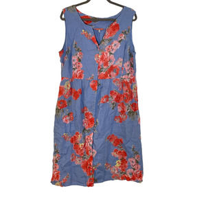 Joules Lisia Dress UK 18 US 14 Blue Floral 100% Flax Sleeveless Lined Button Up